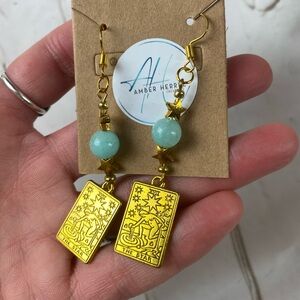 Gold Tarot Star Drop Earrings with Aquamarine Crystals & Star Beads